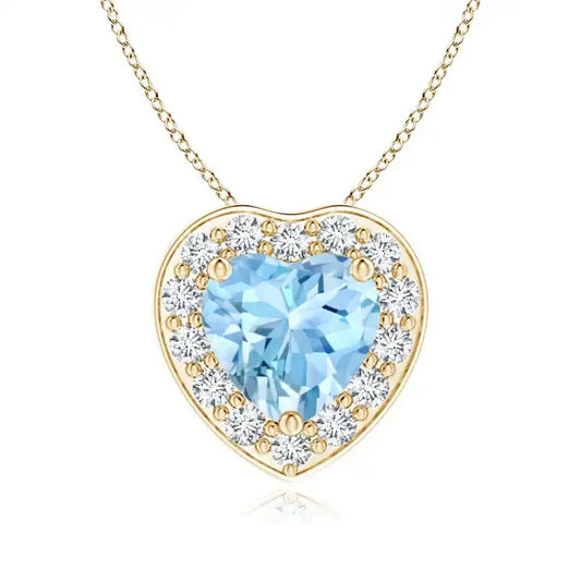 Top Selling 14K 18K Gold 0.2 Ctw Natural Aquamarine With Halo Diamond Heart Shape Pendant Link Chain Necklace Fine Jewelry OEM