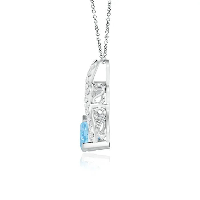 14K Gold Natural 4MM Trillion Cut 0.22 Ctw Aquamarine Solitaire Pendant With 0.06 Ctw Diamond Swirl Shape Bale Pendant Necklace