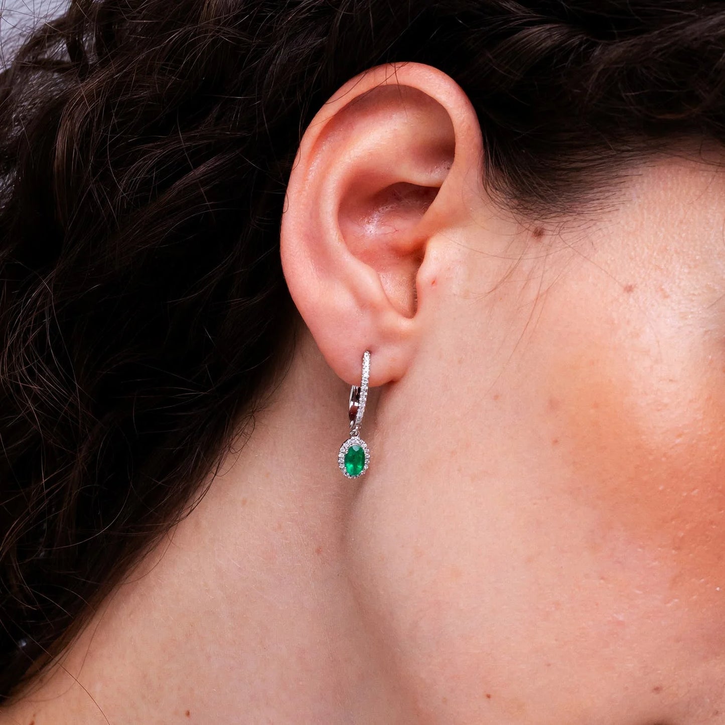 14KT Solid Gold Natural Emerald Diamond Drop Hoop Earrings, Oval Emerald Halo Fine Jewelry Luxury Bridal Earrings Gift for Her
