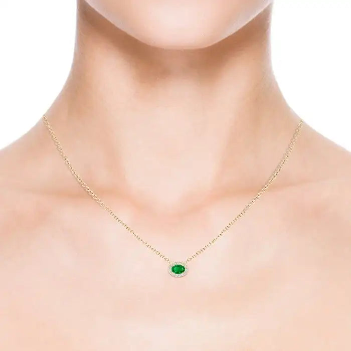 14k Solid Gold East-West Oval Cut Natural Emerald Gemstone Pendant Necklace With Diamond Halo Certified Handmade Fine Jewelry