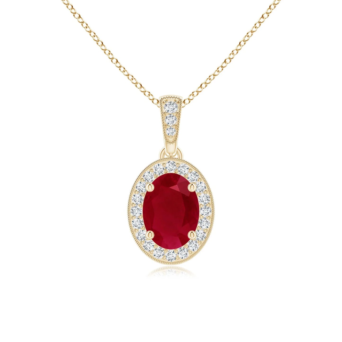 14K Gold Vintage Style IGI Certified 7*5MM Oval 0.66 Ctw Red Ruby Pendant With 0.12 Ctw Diamond Halo Luxury Party Wear Pendant