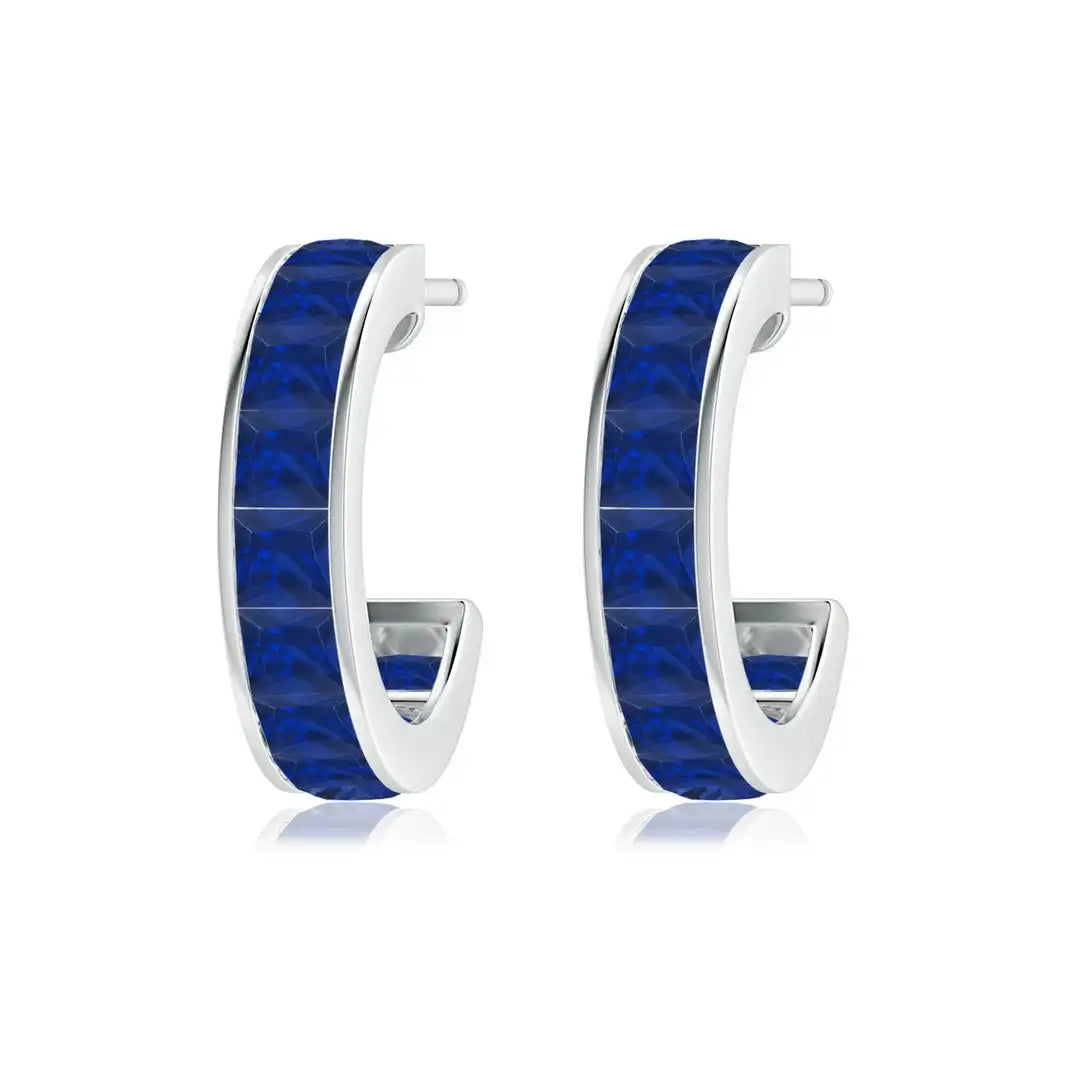 Blue Sapphire Hoop Earrings 14kt Yellow Gold Channel Set Princess Cut Sapphire Fine Jewelry for Women