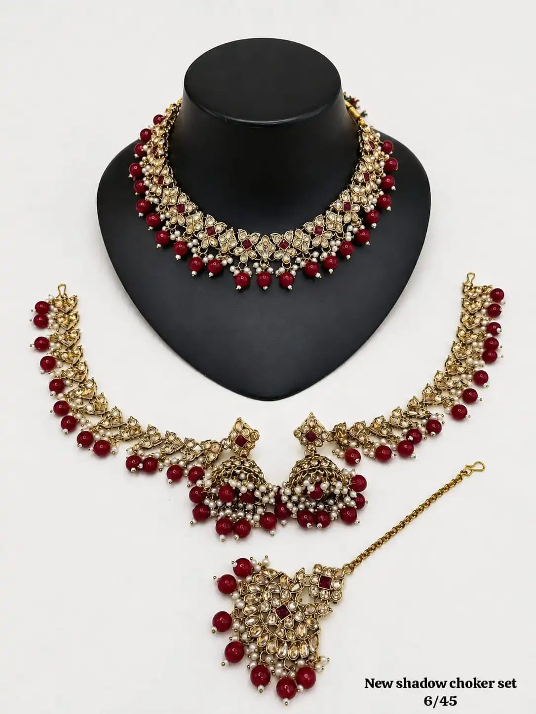 Indian Bridal Shadow Choker Necklace Set Gold Plated Kundan Style Jewellery with Matching Earrings Maang Tikka Set For Women