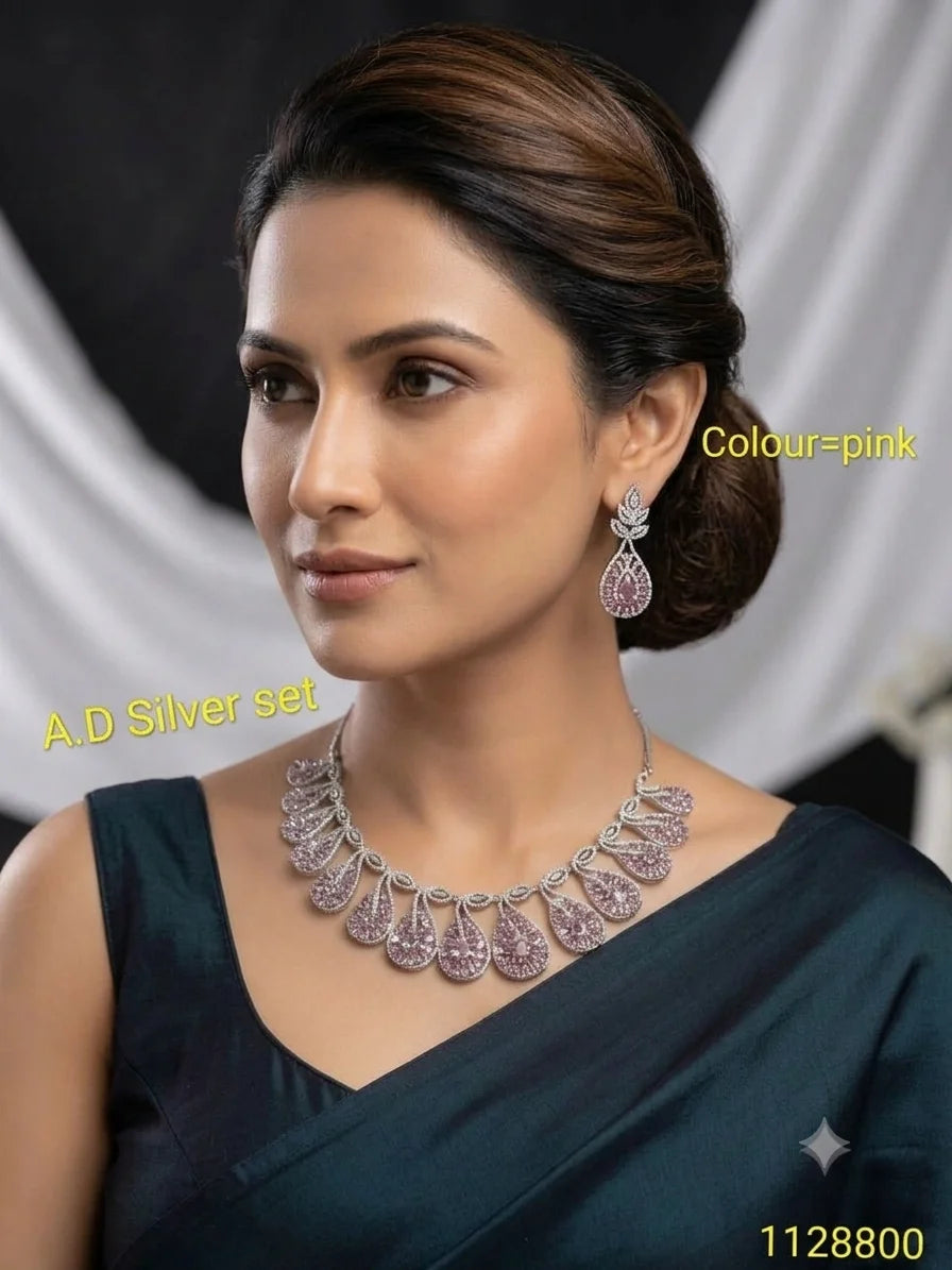Luxury Pink Leaf Drop AD Silver Necklace Set Premium Wedding Party Wear Jewelry with Matching Earrings for Women