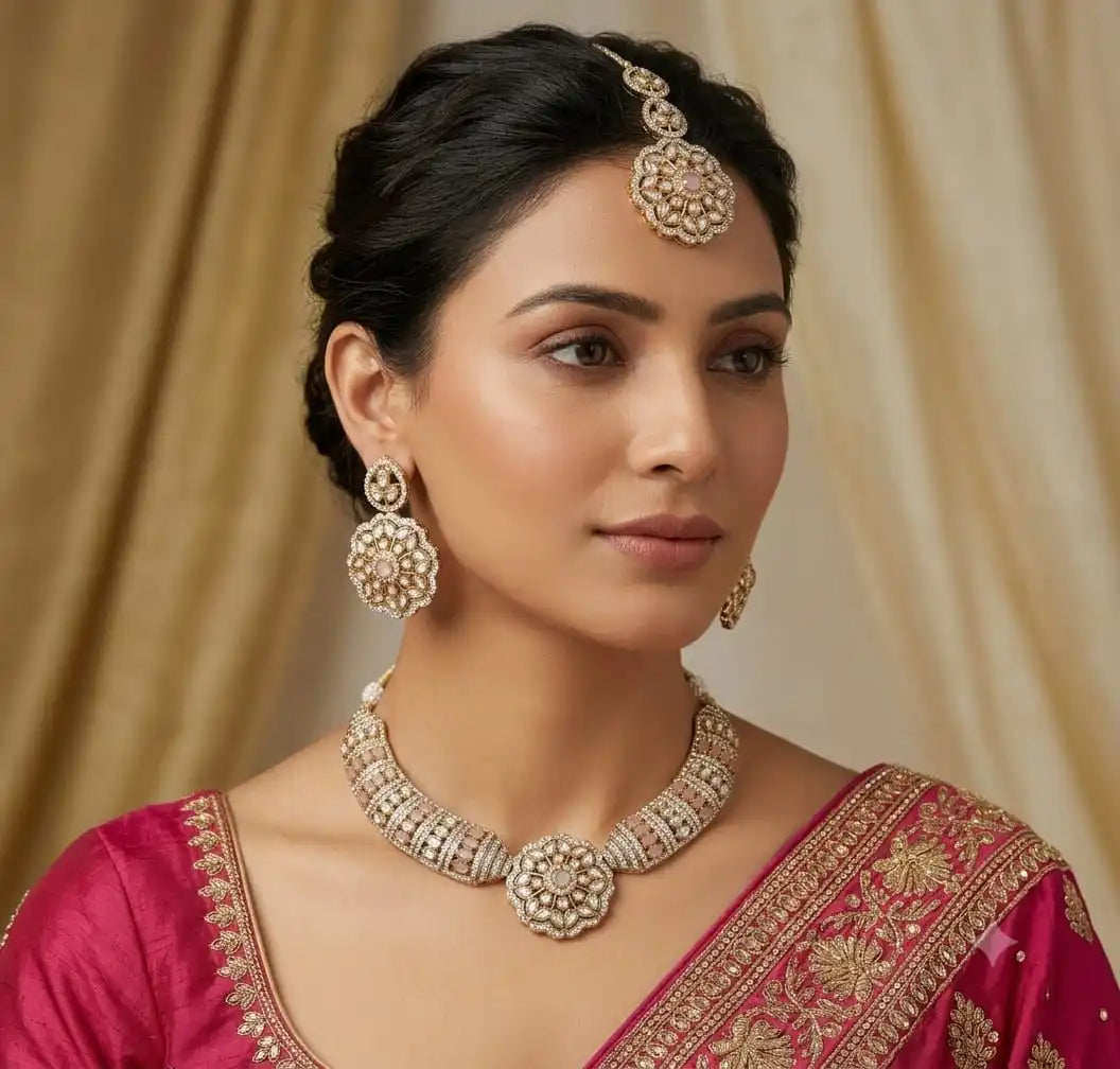 Luxury Ruby Emerald American Diamond Choker Necklace Set with Earrings and Maang Tikka Gold Plated Bridal Wedding Jewelry Set