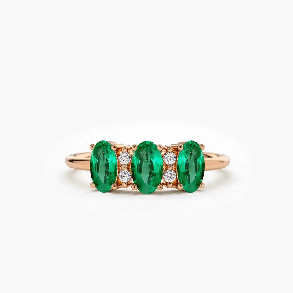 Oval Cut Triple Natural Emerald Stone & Round Cut Diamond Ring 14k Pure Gold Beautiful Engagement Wedding Rings Fine Jewelry RTS