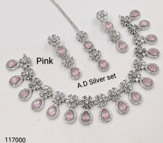 Lakshmi Luxury Green Cubic Zirconia Bridal Jewelry Set Silver Plated Necklace Earrings & Maang Tikka Wedding Party Wear and Occasionally