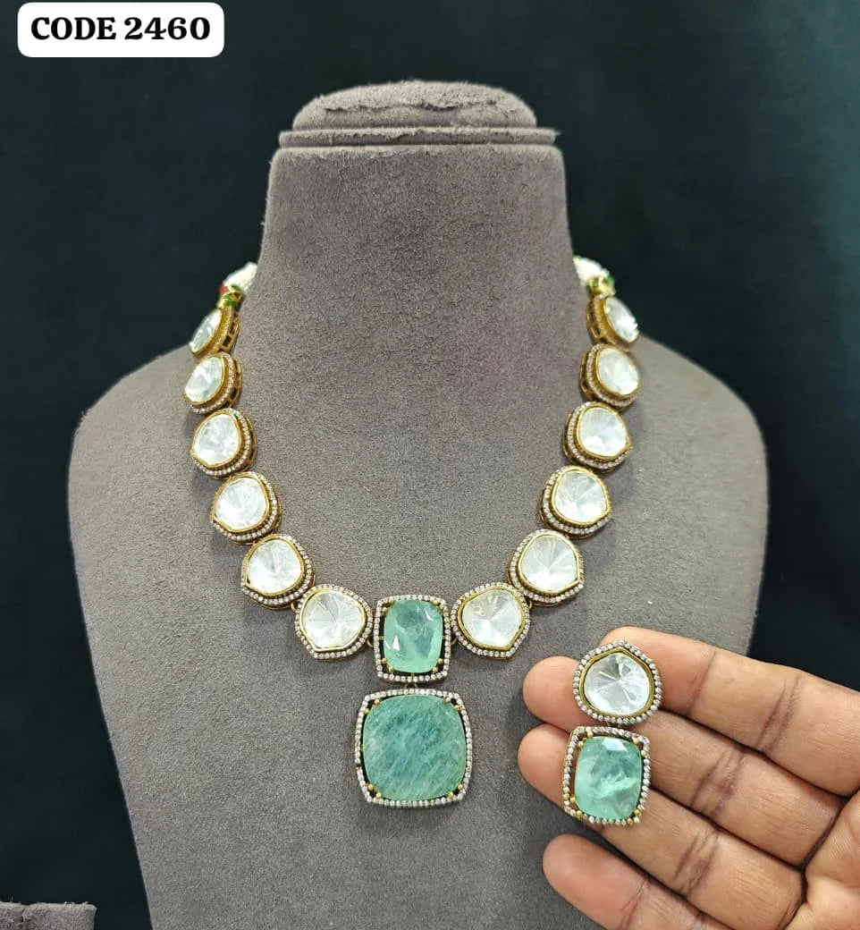 Elegant Mint Green Cushion Cut Pendant Necklace Set Traditional Wedding Jewelry Statement Necklace Premium Designer Set