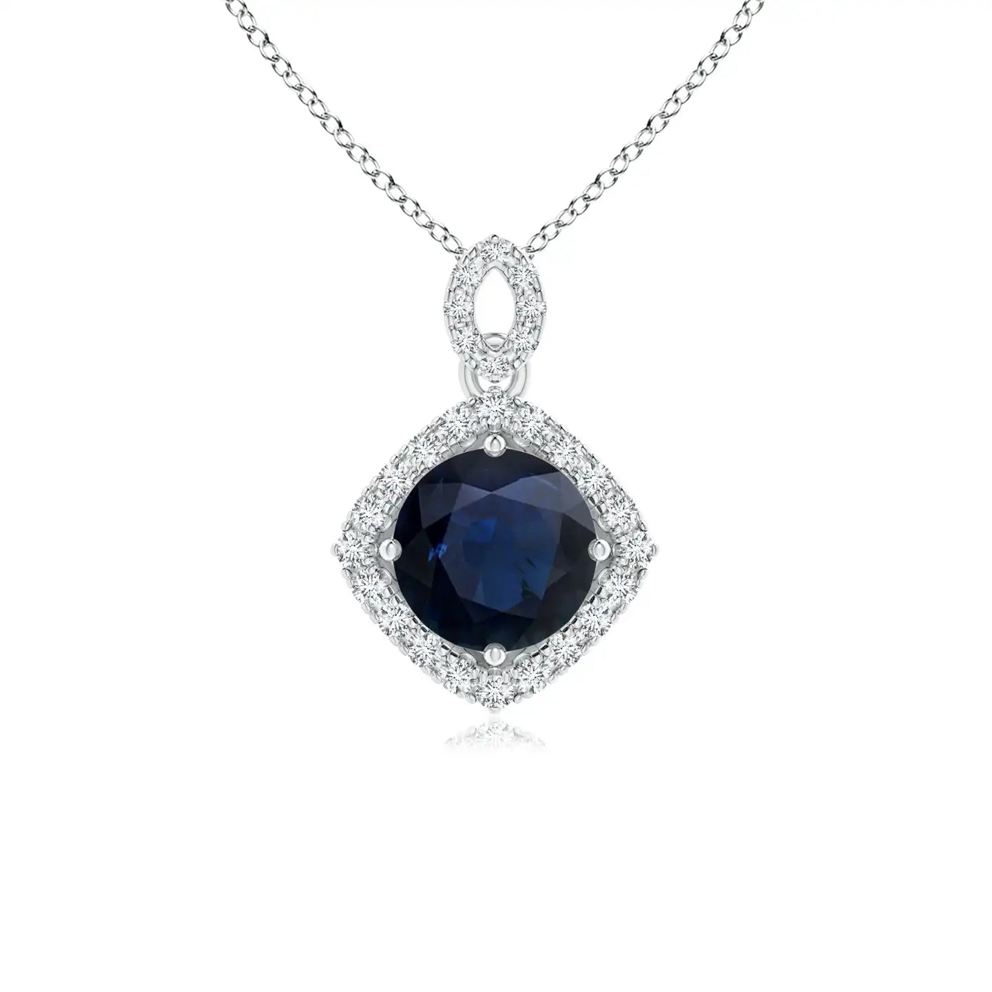14k Solid Gold Vintage Inspired Round Cut Blue Sapphire Pendant With Diamond Halo Igi Certified Fine Jewelry Handmade Pendant