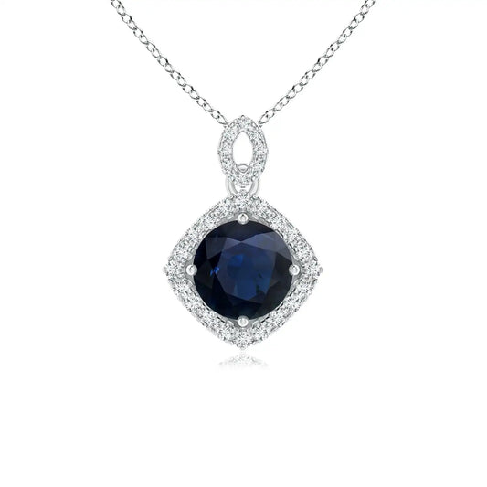 14k Solid Gold Vintage Inspired Round Cut Blue Sapphire Pendant With Diamond Halo Igi Certified Fine Jewelry Handmade Pendant