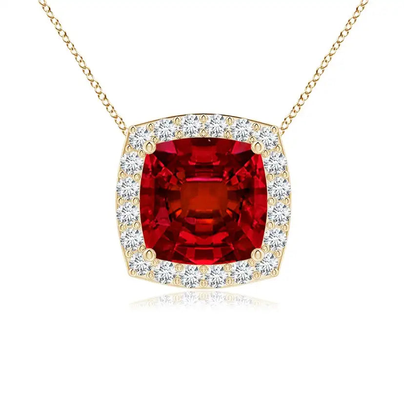 14K 18K Gold Vintage Inspired 7MM Cushion Cut 1.45Ctw Natural Red Ruby Gemstone With Halo Diamond Pendant Handmade Fine Jewelry