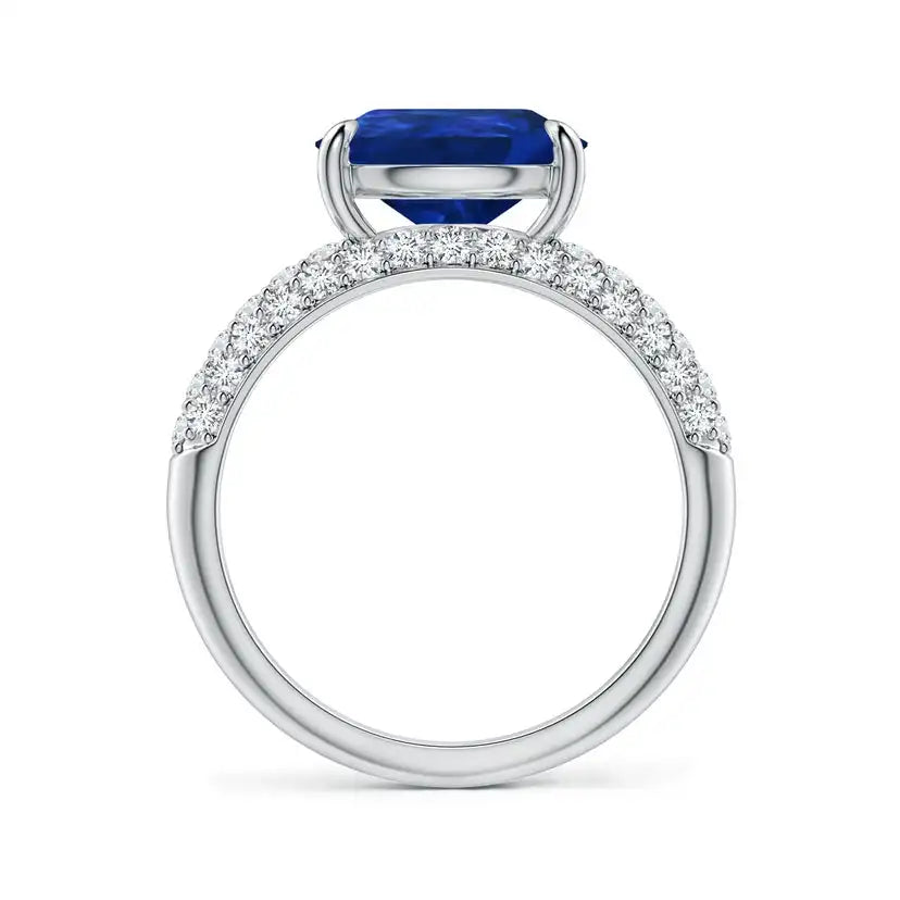 14K Solid Gold Off-Centered Pear Blue Sapphire Engagement Ring with Diamond Accents Handmade Customized Fine Jewelry Wedding
