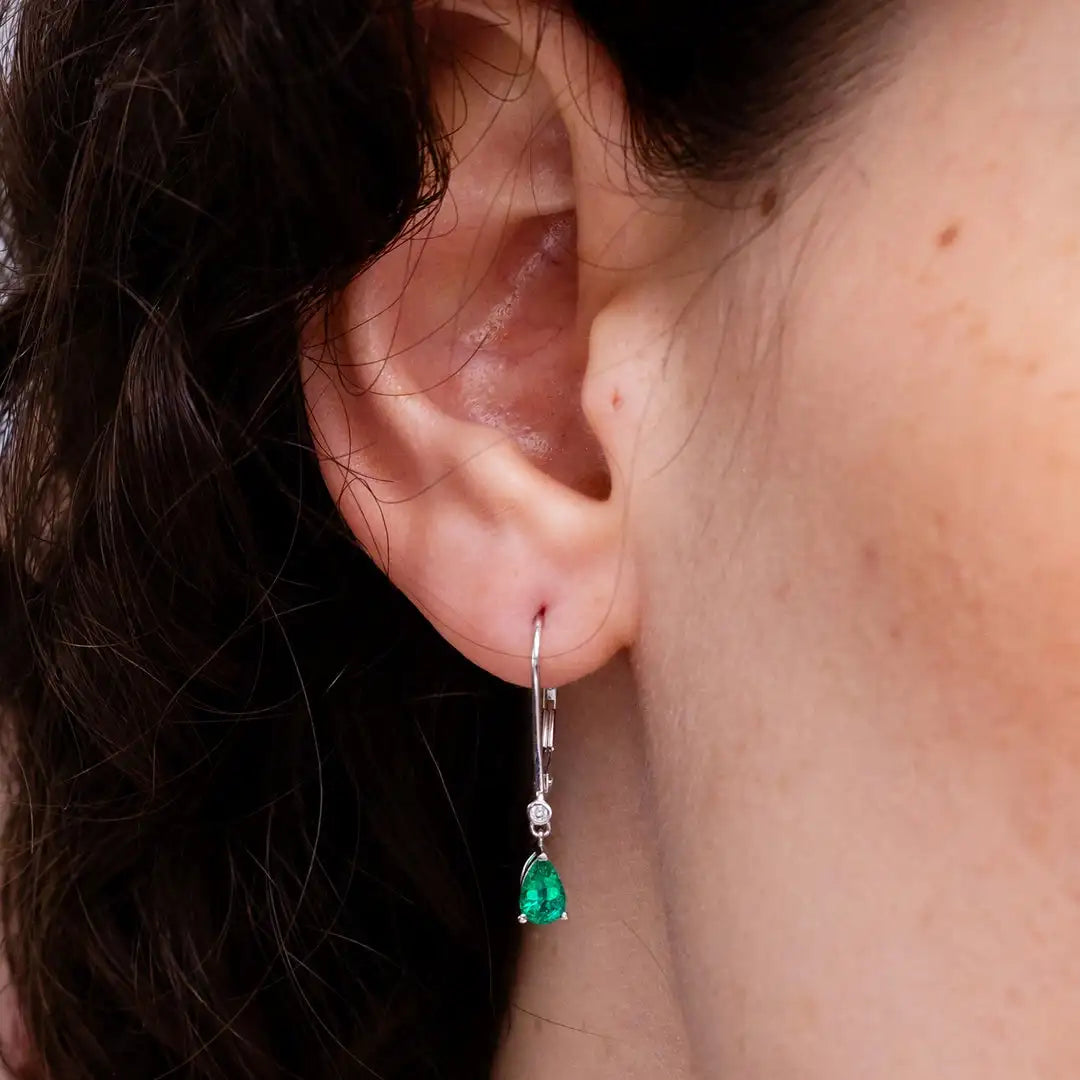 14kt White Gold Pear Cut Emerald Dangle Earrings with Diamond Accent Leverback Design Fine Bridal Jewelry