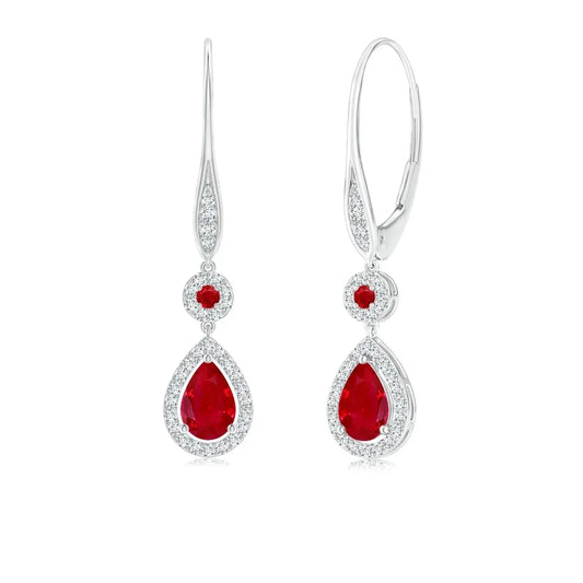 Pear Cut Ruby Halo Drop Dangle Earrings With Natural Diamond Accents 14kt Yellow Gold Women's Bridal Jewelry