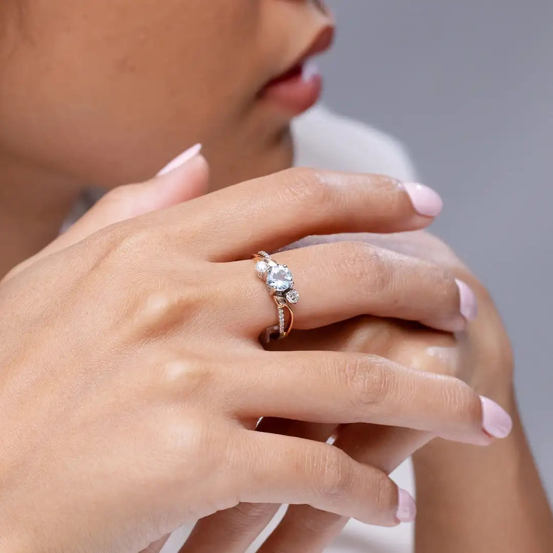 14K Solid Gold Natural Round Cut Solitaire Aquamarine With Diamond Twisted Shank Ring Fine Jewelry Fashion Engagement Band Ring