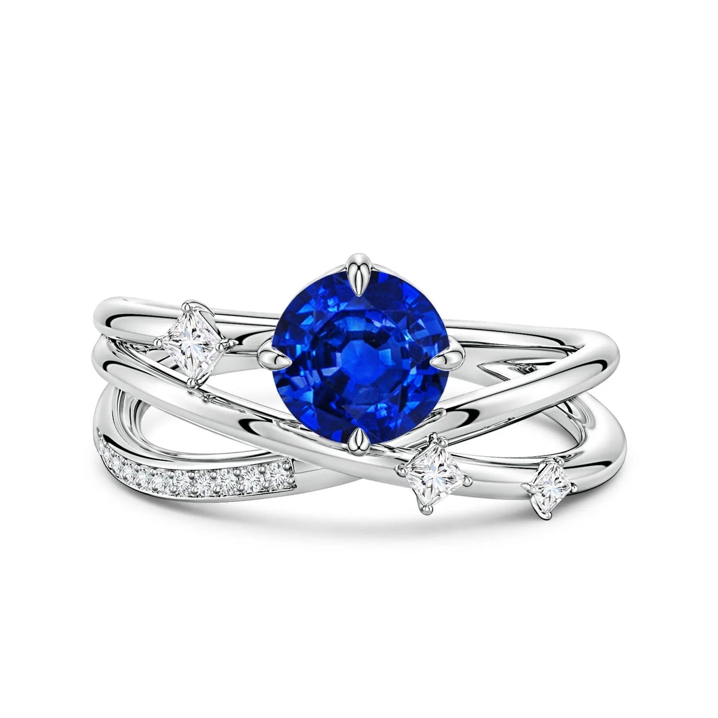 14K Solid Gold Blue Sapphire & Pave Scattered Diamond Cross Over Ring Luxury Jewelry Manufacturer Round Gemstone Rings for Women