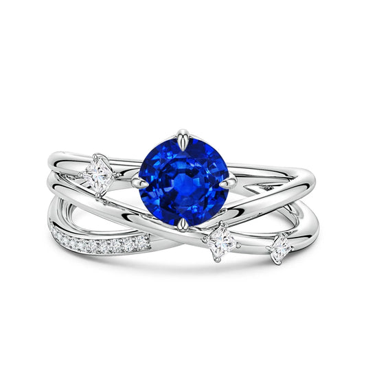 14K Solid Gold Blue Sapphire & Pave Scattered Diamond Cross Over Ring Luxury Jewelry Manufacturer Round Gemstone Rings for Women