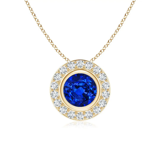 14k Solid Gold Round Cut Bezel-set Natural Blue Sapphire Pendant With Diamond Halo Igi Certified Precious Gemstone Gold Pendant