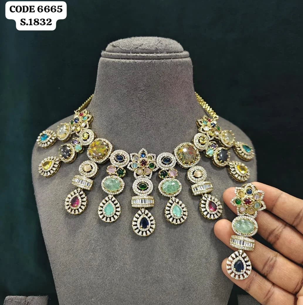 Luxury Multi Gemstone Statement Choker Necklace Set Elegant Vintage Pear Cut Gold Plated Bridal Wedding Jewelry Set For Women