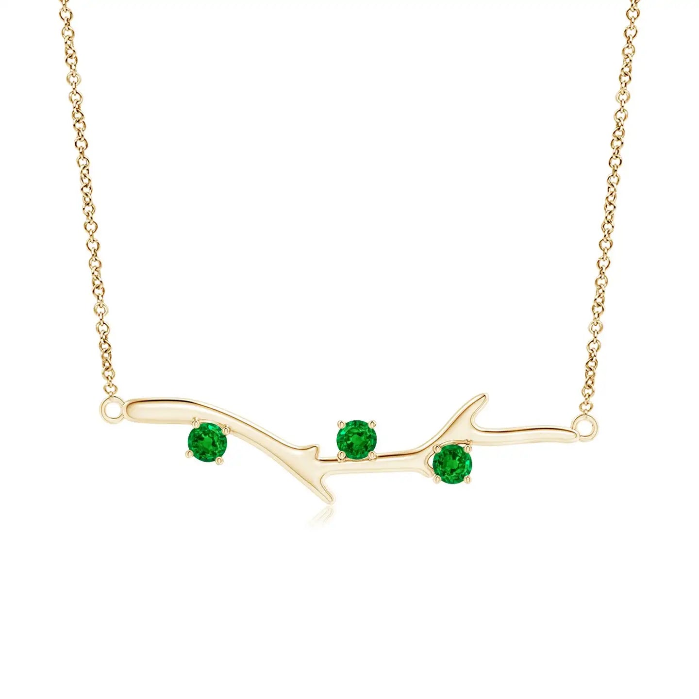 14K 18K Pure Gold Prong-Set Round Cut Natural Green Emerald Tree Branch Design Pendant Necklace Nature Inspired Designer Pendant