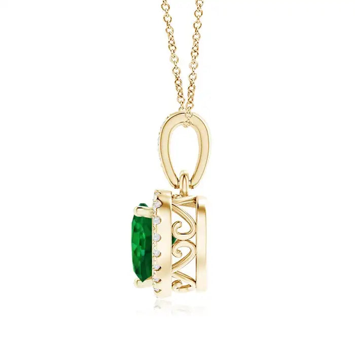 14K Solid Gold Natural Emerald Heart Pendant With Diamond Halo Classic Fine Jewellery Anniversary Wedding Gift