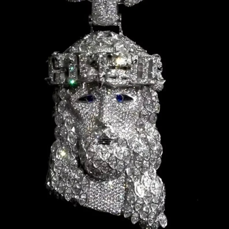 BiG-BOSS Krishnavii KP 217 Iced Cushion Cut Moissanite Freshwater Pearl Jesus Face Pendant Necklace-Silver Plated Luxury Hip Hop Men's