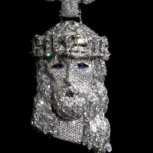 BiG-BOSS Krishnavii KP 217 Iced Cushion Cut Moissanite Freshwater Pearl Jesus Face Pendant Necklace-Silver Plated Luxury Hip Hop Men's
