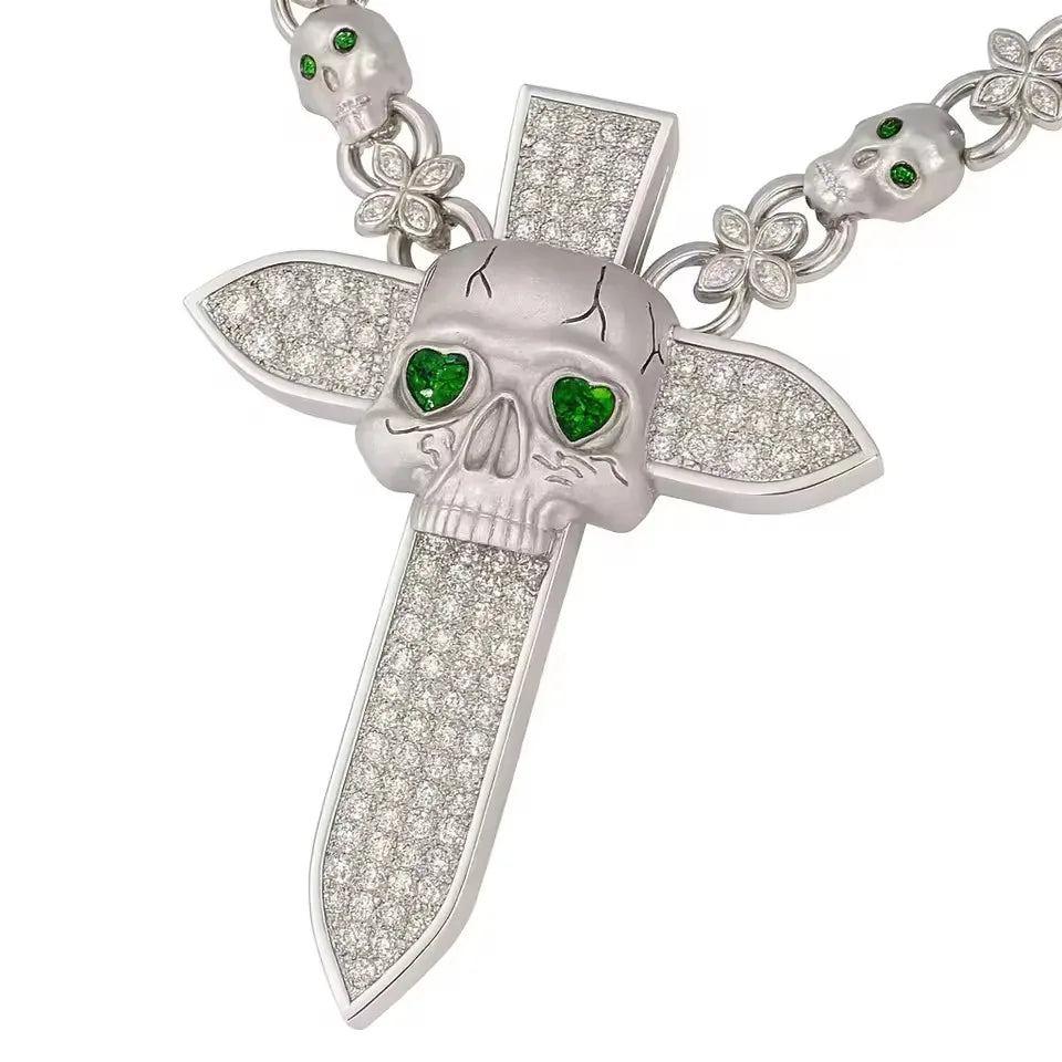 BiG-BOSS Iced Skull Sword Pendant Necklace Green Bezel Setting Moissanite Eyes 925 Sterling Silver for Men Hip Hop Gothic Luxury Fashion