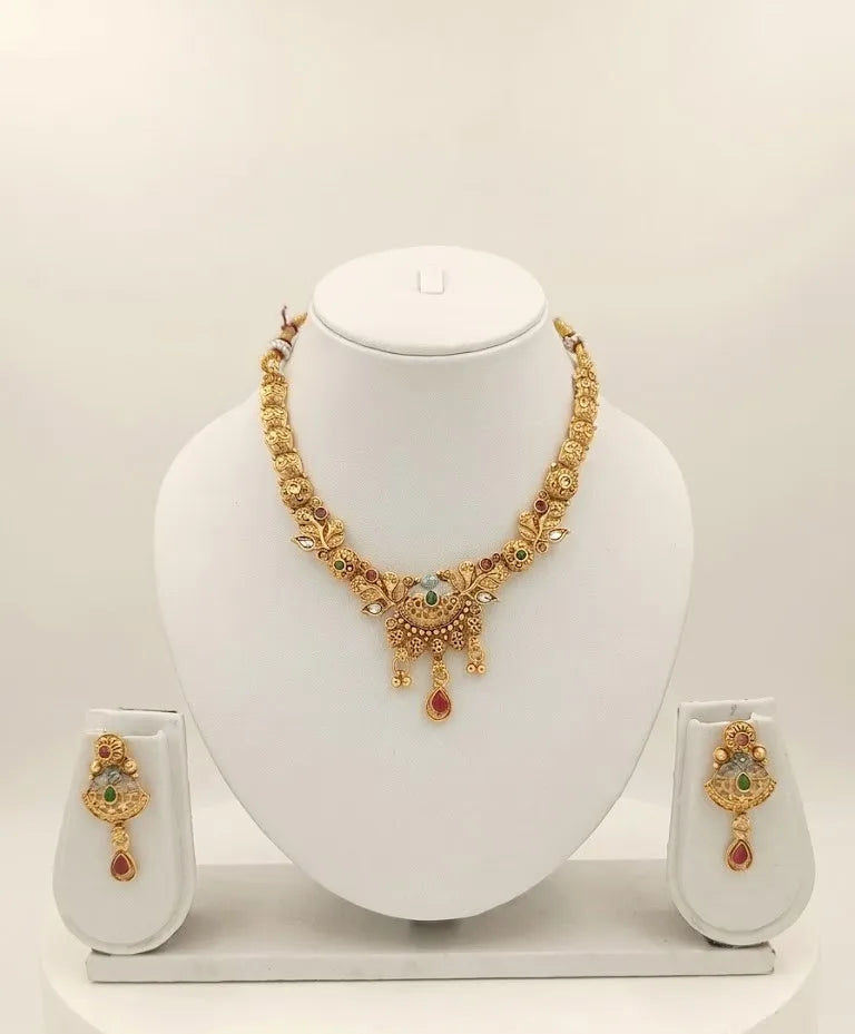DIVYORO Gold Plated Ethnic Fashion Jewelry Necklace and Earring Set with Intricate Drops