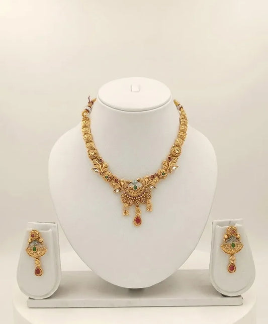 Lakshmi Floral Pendant Antique Finish Necklace & Earring Set | 24KT Gold Plated | Odisha Heritage