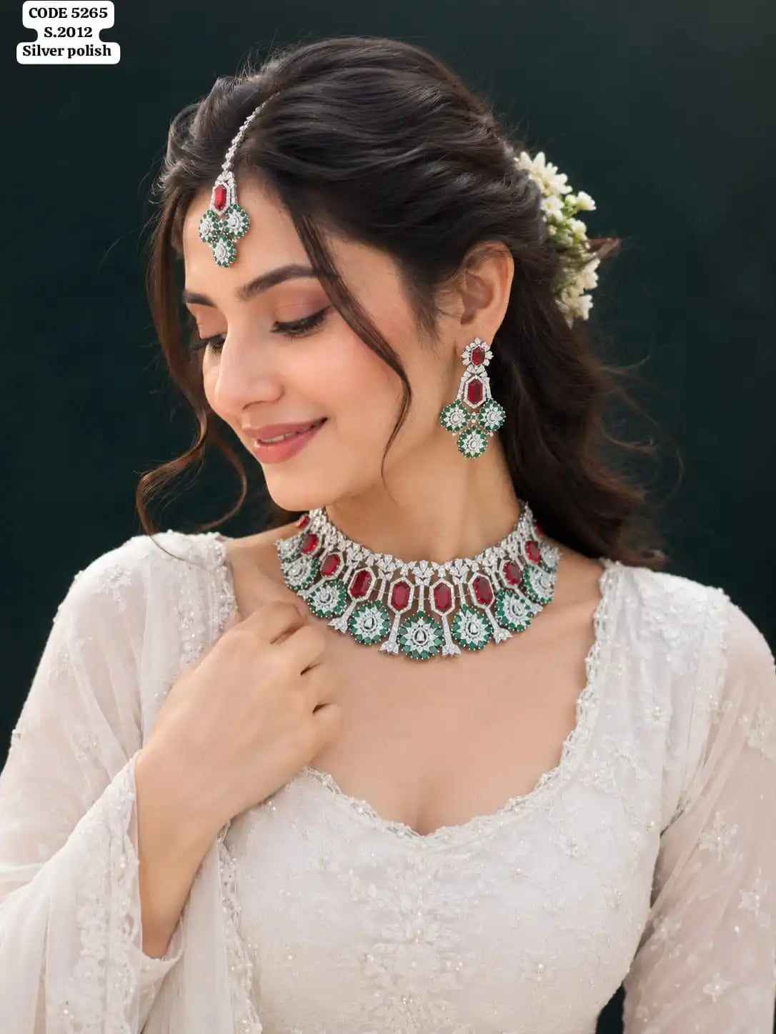 Luxury Silver Polish Ruby Emerald American Choker Necklace Set with Earrings & Maang Tikka Bridal Wedding Jewelry Set for Women