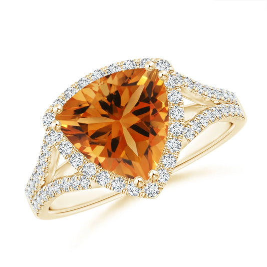 14K Solid Gold Trillion Cut Natural Citrine Cocktail Ring with Diamond Accents Unique Design Pave Sett Diamond Split Shank Ring