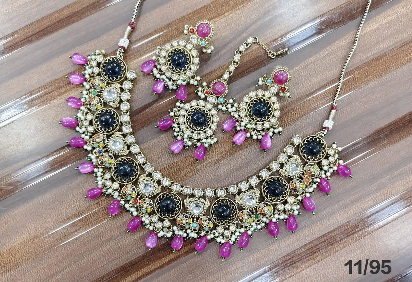 Luxury Antique Gold Plated Kundan Necklace Set with Ruby Mint Green Beads, Earrings, Maang Tikka Bridal Wedding Jewelry Set