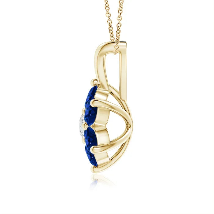14K 18K Gold Natural Blue Sapphire Classic Six Petal Flower Shape Pendant With Center Diamond Handmade Fine Jewelry Necklace