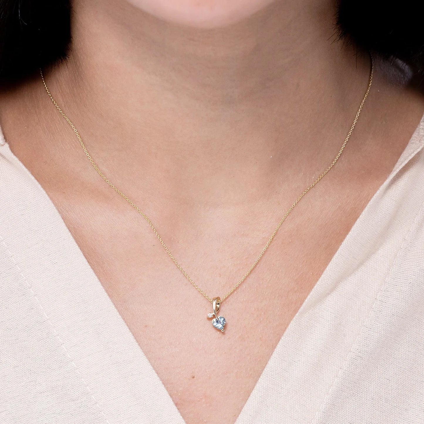 Natural Heart Cut Aquamarine And Round Cut Diamond in Ribbon Style Bale 14K Gold Pendant IGI Certified Gemstone Pendant Necklace
