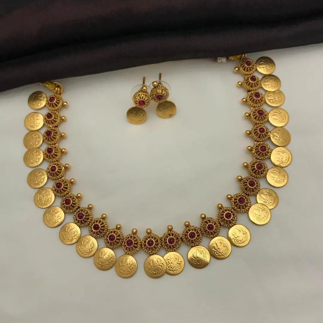 Designer Antique Gold Coin Necklace Temple Lakshmi Ruby Stone Ethnic Bridal Wedding Party Wear Jewelry Wholesale Set For Women's