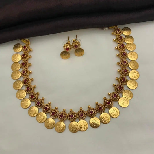 Lakshmi Designer Antique Gold Coin Necklace Temple Lakshmi Ruby Stone Ethnic Bridal Wedding Party Wear Jewelry Set For Women's