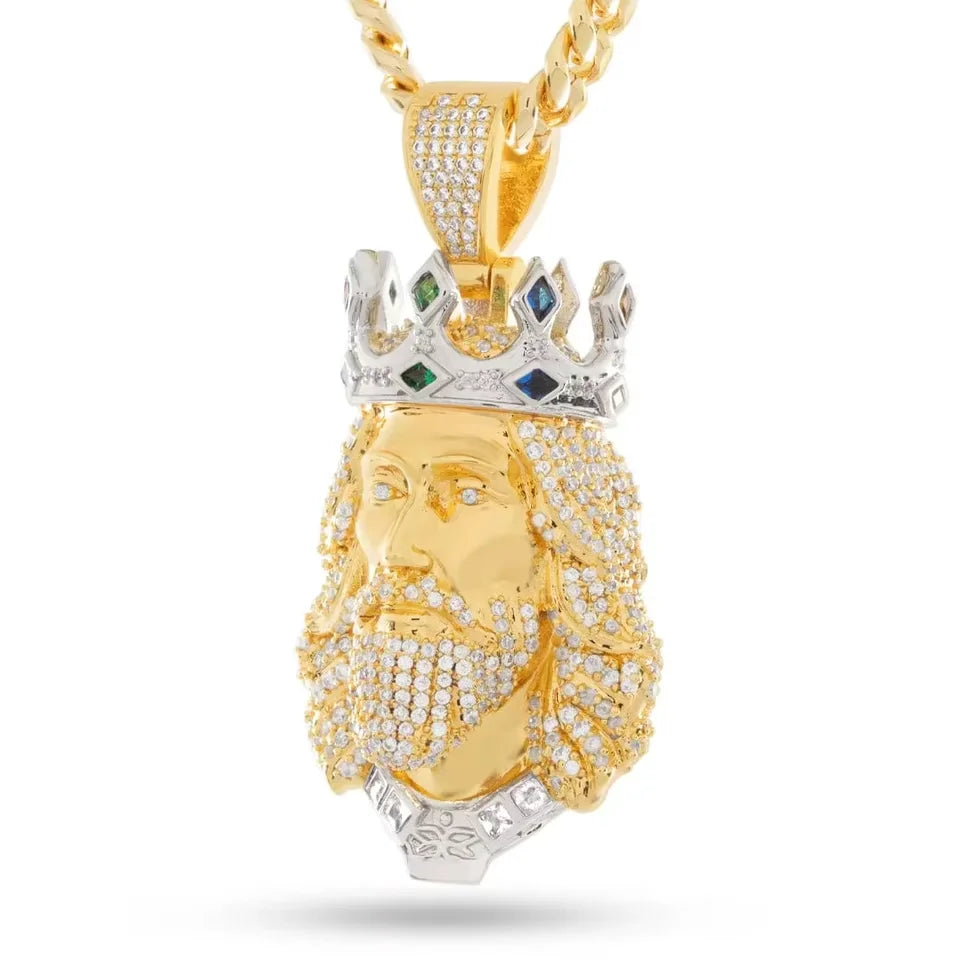 BiG-BOSS Luxury King Face Hip Hop Pendant Silver Plated with Cushion Cut Channel Set Crown Moissanite Iced Out Stones for Men Party