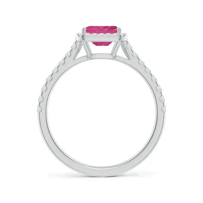14K Solid Gold East West Emerald-Cut Pink Sapphire Halo Engagement Ring Handmade Customized Fine Jewelry Wedding Engagement