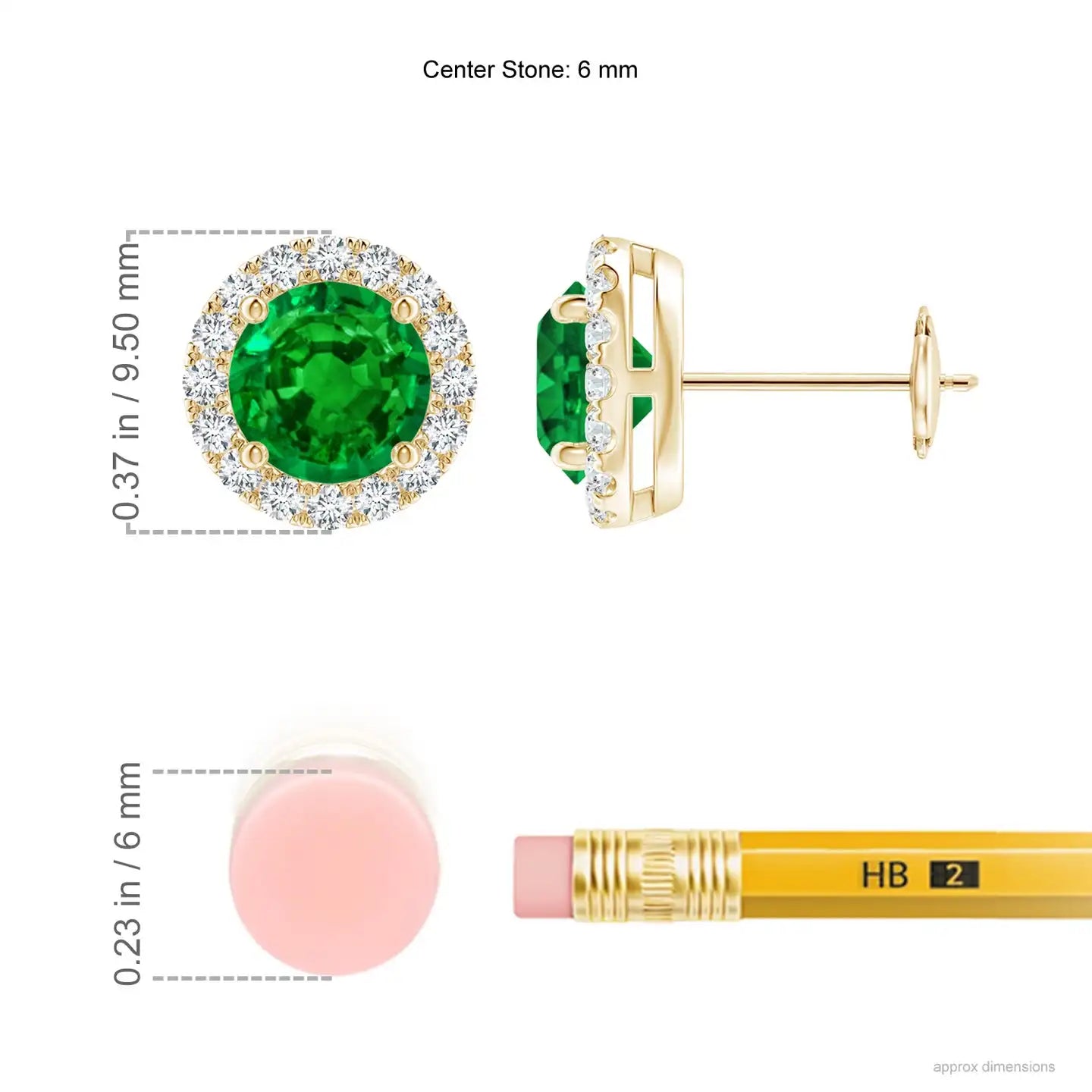 Classic round emerald halo design with brilliant diamond surround, four-prong setting and elegant 14kt yellow gold finish