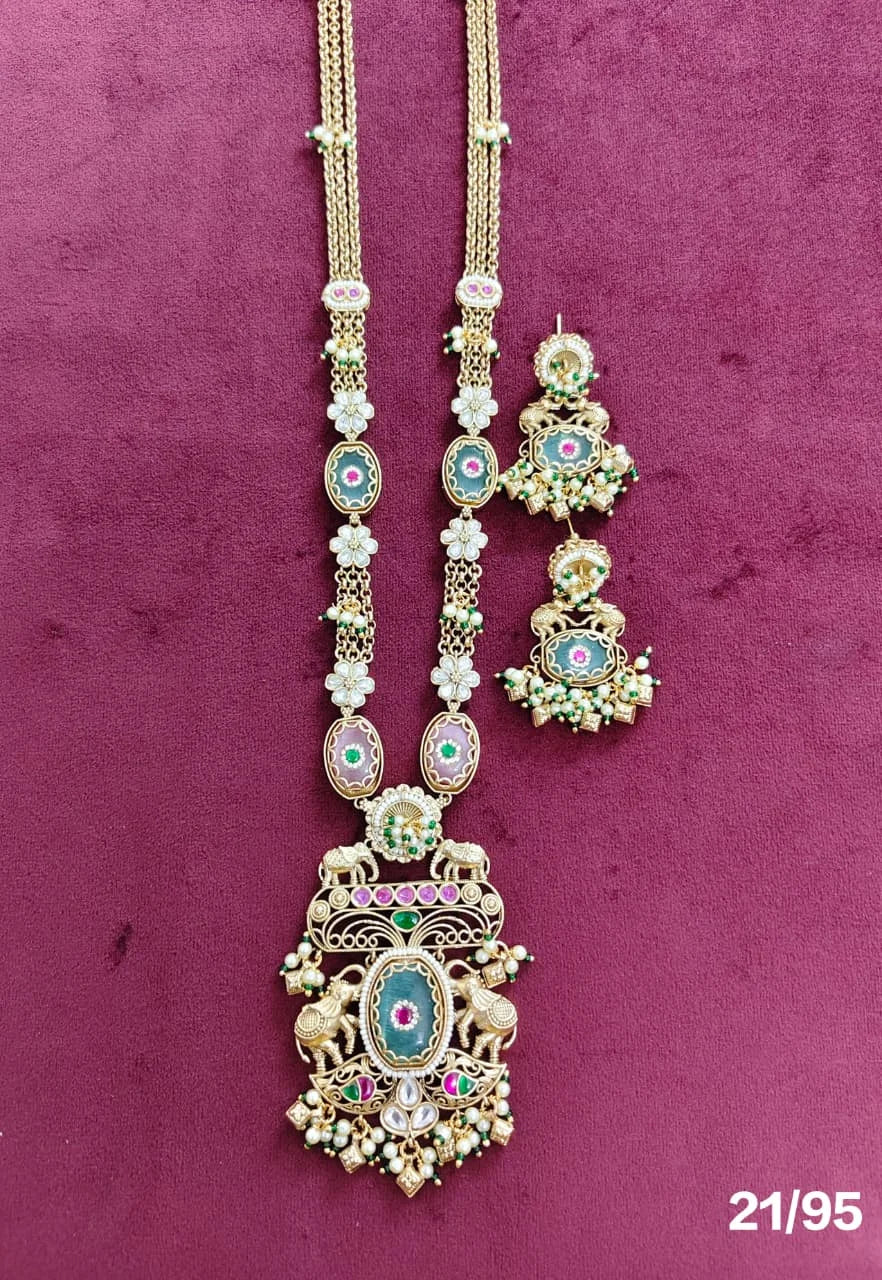 Royal Temple Long Pendant Necklace Set with Matching Earrings Gold Plated Heritage Elephant Bridal Jewelry for Women Set