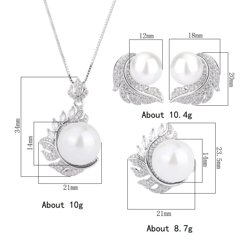 Gemfiori Fashion Brass Vintage Jewelry Set Platinum Plated Fritillaria Pearl Feather Design Grey Pearl for Weddings Necklace Ring Earring