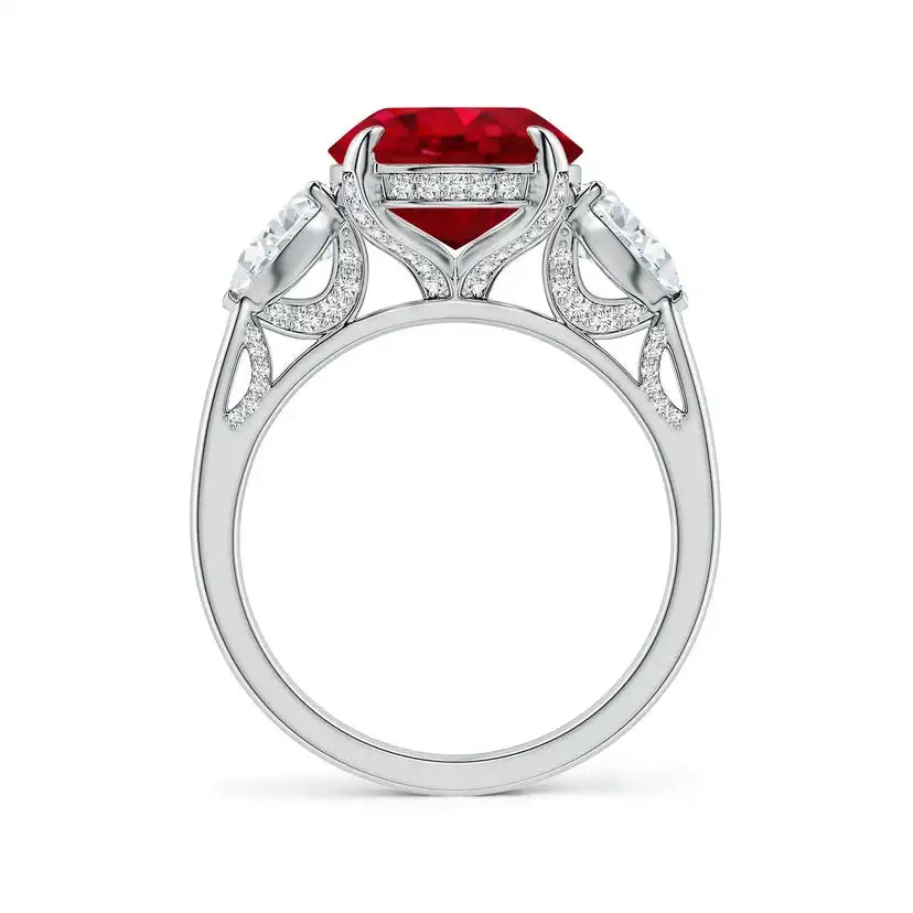 14K Solid Gold Oval Ruby and Sideways Pear Diamond Three-Stone Engagement Ring Handmade Customized Fine Jewelry Wedding