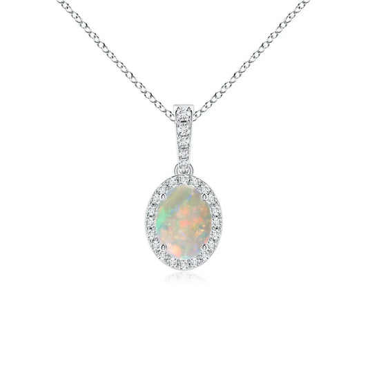 14K Pure Gold Vintage Style Geometric Oval Shape Opal With Diamond Halo Pendant 2026 Latest Luxury Pendant Link Chain Necklace