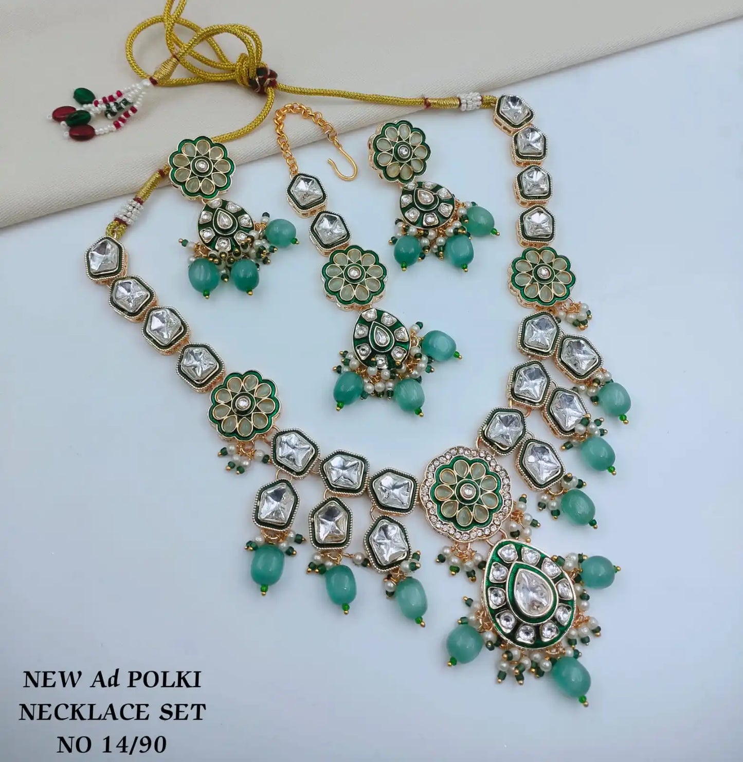 Luxury Emerald Green AD Polki Necklace Set with Matching Earrings and Maang Tikka American Diamond Cubic Zirconia jewellery set