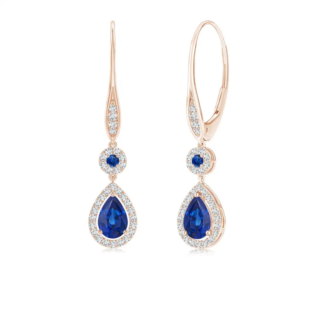 Blue Sapphire Pear and Round Halo Dangle Earrings With Real Diamond 14kt White Gold Women's Engagement Jewelry
