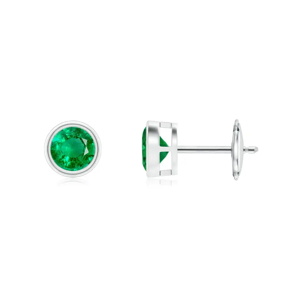 Natural Emerald Bezel Stud Earrings May Birthstone 14kt Solid Gold Minimalist Everyday Round Cut Green Emerald Earrings
