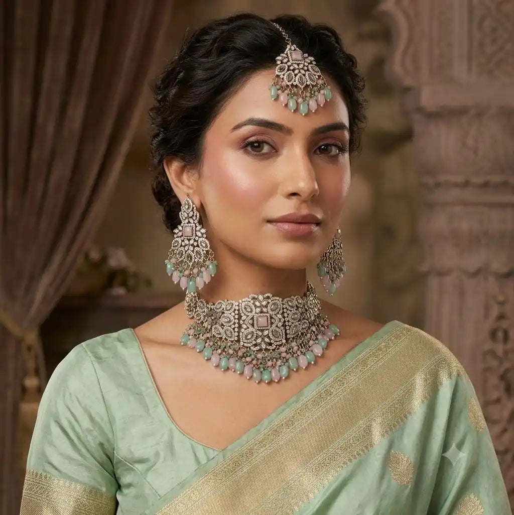 Luxury Pastel Pink Mint Green AD Choker Necklace Set with Matching Earrings and Maang Tikka Cubic Zirconia Silver Plated Bridal