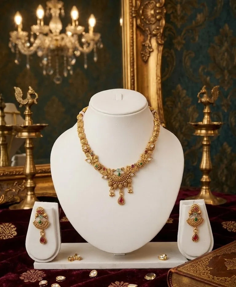 DIVYORO Gold Plated Ethnic Fashion Jewelry Necklace and Earring Set with Intricate Drops