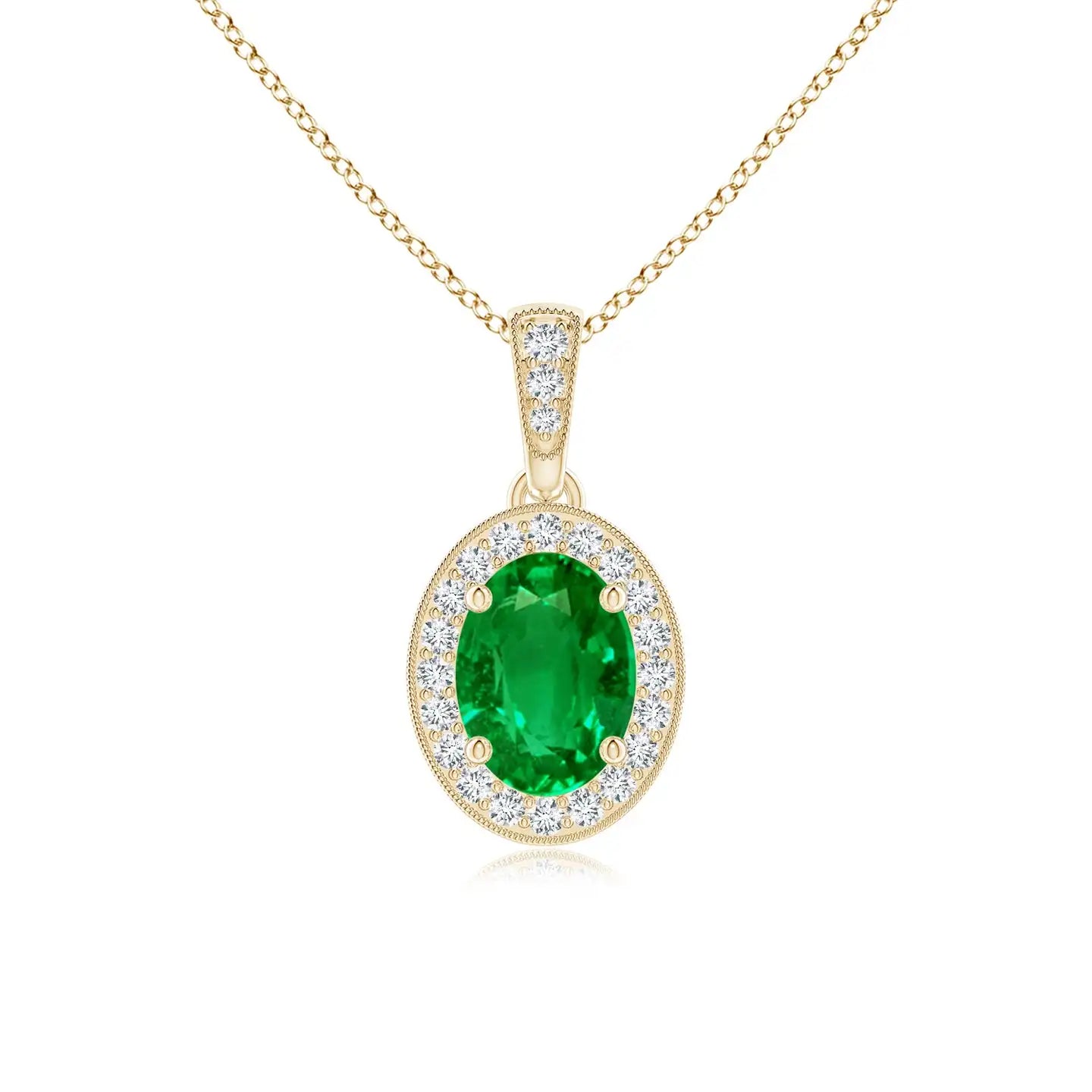 New Arrival 14K Solid Gold Natural Oval Emerald Vintage Style Pendant With Diamond Halo May Birthstone Anniversary Gift